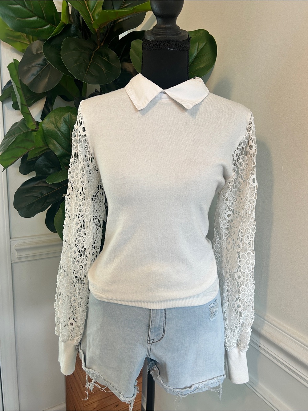 White Lace-Sleeve Collared Women's Top